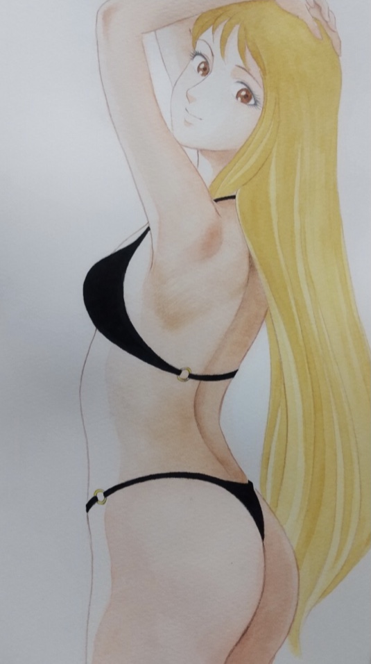 サーシャ黒水着姿水彩画画像